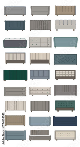 Collection of upholstered bed frames and headboards in various styles.