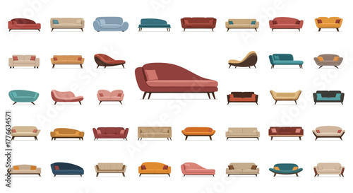 Collection of diverse sofas and lounge chairs in various colors and styles.