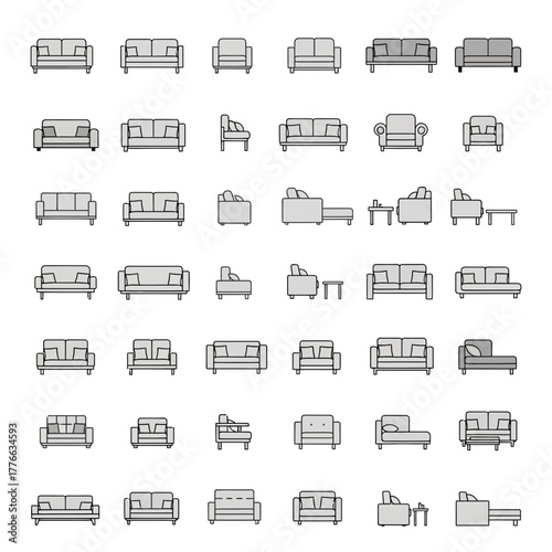Various styles of sofas and armchairs are depicted in a grid.