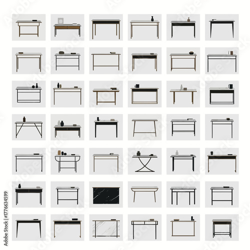 Collection of various desks and tables with decorative items.