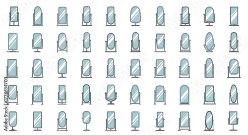 Collection of various standing mirrors with different shapes and stands.