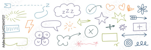 Collection of hand drawn doodle icons and symbols in pastel colors on white background vector