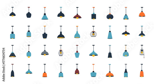 Collection of diverse hanging light fixtures with various shapes and colors.