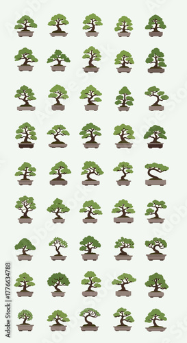 Collection of stylized bonsai trees in various shapes and sizes.