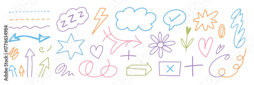 Collection of hand drawn pastel colored doodles and symbols on white background icons
