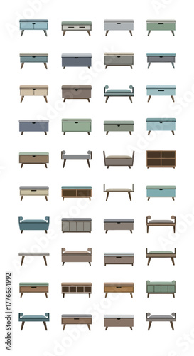 Collection of modern storage benches and cabinets in various colors and styles.