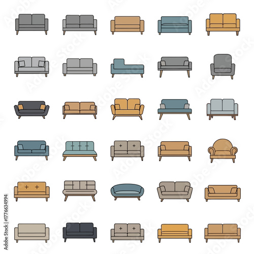 Collection of diverse sofa and armchair illustrations in various colors and styles.