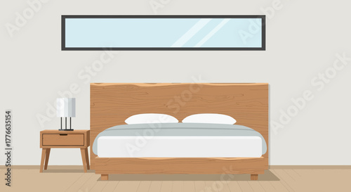 Bedroom with bed, nightstand, lamp, and window.