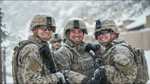 Group of soldiers in snowy mountains clad in camouflage gear, smiling men in military helmets in winter