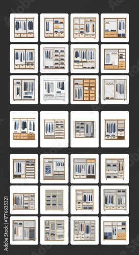 Various organized closets with hanging clothes and folded items.