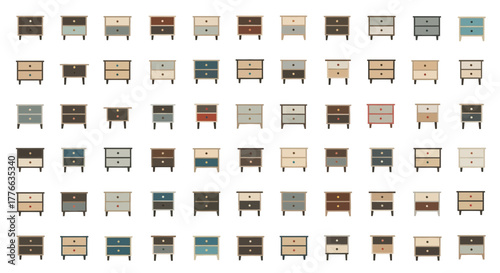 Collection of bedside tables with drawers in various colors and styles.