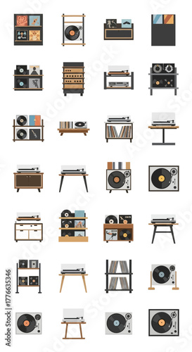 Collection of record players and vinyl records on shelves and stands.