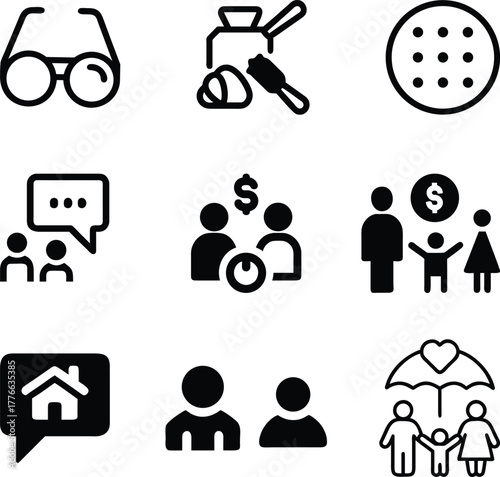 Collection of simple black icons representing business family finance and home concepts on white background