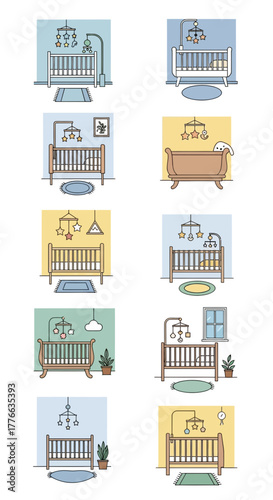 Cribs with mobiles, rugs, plants, and decor in various styles.