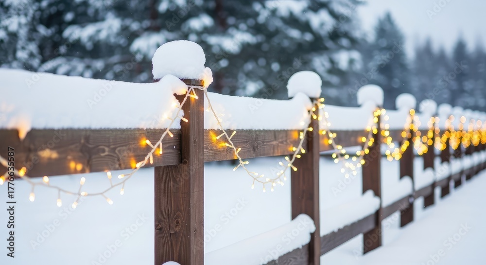 Fototapeta premium Snow covered fence decorated with christmas lights in winter forest