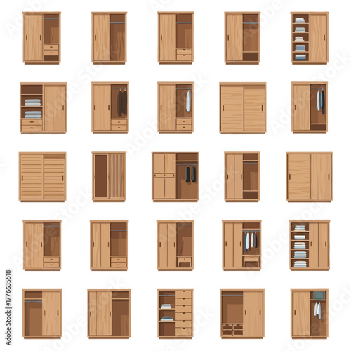 Collection of wooden wardrobes showing different storage configurations and contents.
