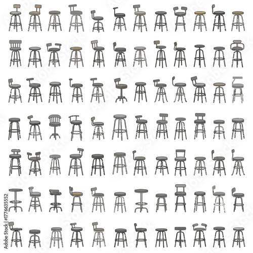 Assortment of bar stools with varying designs and features.
