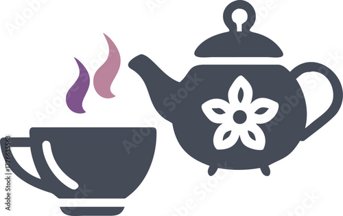 Stylized illustration of a dark teapot pouring hot tea into a cup with steam rising