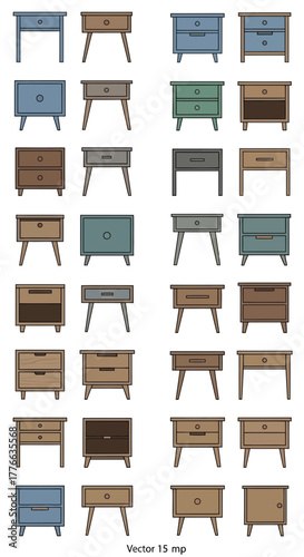 Collection of various bedside tables with drawers and handles.