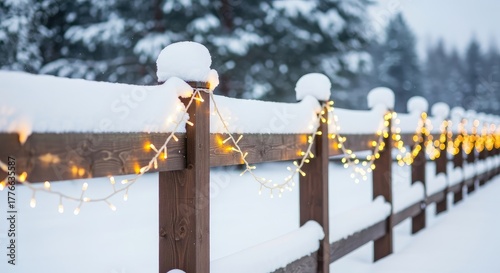 Snow covered fence decorated with christmas lights in winter forest