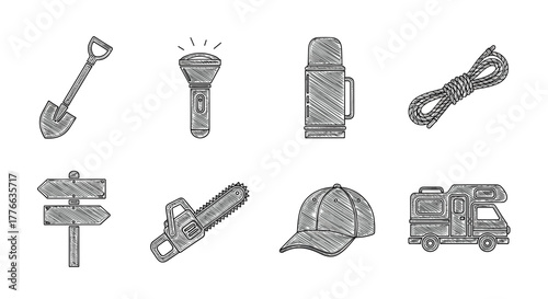 Hand drawn camping essentials with hatchet, flashlight, and caravan icons