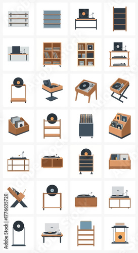 Shelving units and record players display vinyl records and albums.