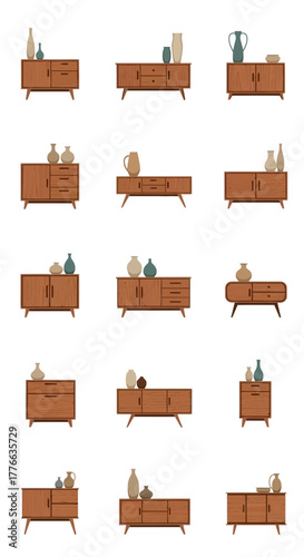 Collection of wooden cabinets with decorative vases and jugs.
