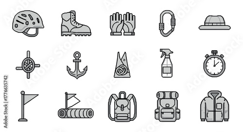 Monochrome outdoor adventure gear icons for hiking and camping enthusiasts
