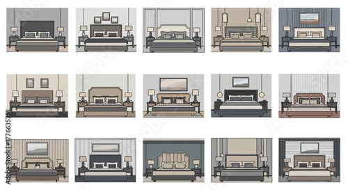 Various bedroom interior designs with beds, nightstands, and lamps.