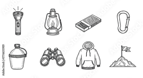 Handdrawn camping gear icons flashlight, lantern, matchbox, carabiner, water bottle, binoculars, hoodie, mountain flag