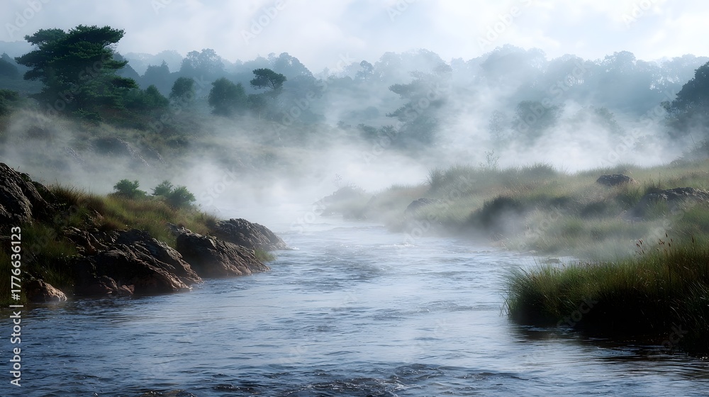 Obraz premium A tranquil river winds through a misty atmospheric natural landscape dotted with trees and rough rocks under a soft sky