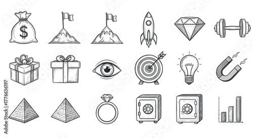 Hand drawn icon set with money, rocket, gem, and business symbols for creative projects