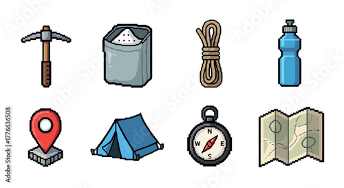 Pixel art camping gear icons set featuring outdoor essentials