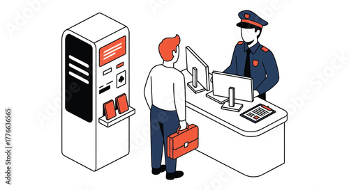 Airport security checkpoint with officer and traveler illustration