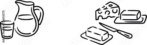 Hand- Drawn Sketch of Dairy Products Including Milk Pitcher, Glass, Cheese, and Butter food