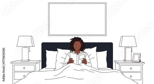Illustration of woman reading book in bed bedroom home relaxation