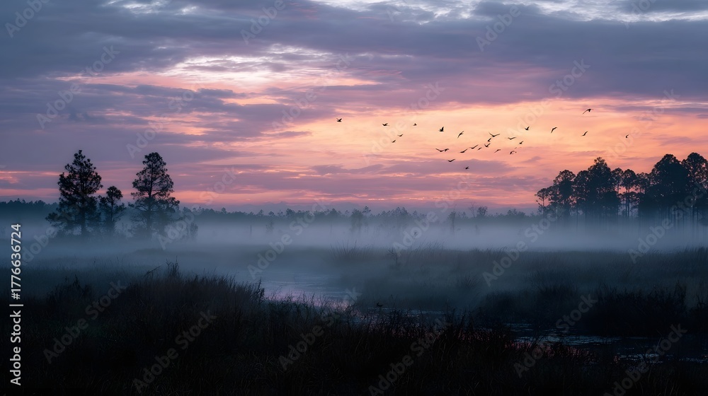 Obraz premium A flock of birds flies across a misty wetland landscape at sunrise with colorful clouds in the sky