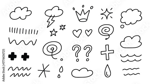 Hand Drawn Doodle Icons Of Weather Symbols Hearts Stars And Abstract Shapes cloud lightning