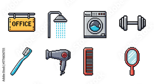 Pixel art icons office, shower, laundry, fitness, and personal care essentials