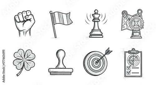 Hand drawn sketch icons fist, flag, chess king, map, clover, stamp, target, checklist