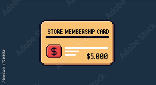 Retro 8bit membership card design with currency symbol and value