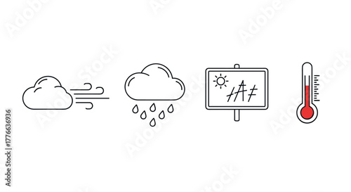 Weather icons of clouds, rain, wind, and thermometer in linear style
