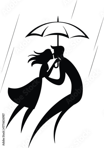 Couple kissing under umbrella rain black