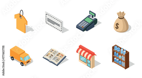 Isometric shopping elements price tag, voucher, payment, delivery, shop, products