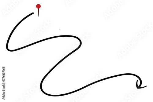 Curved arrow line with red pin, hand drawn path direction, navigation route symbol, travel location pointer illustration on white background