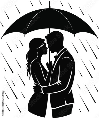 Couple embracing under umbrella in rain silhouette