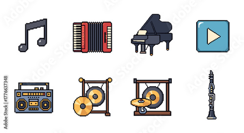 Pixel art musical instruments accordion, piano, clarinet, and more
