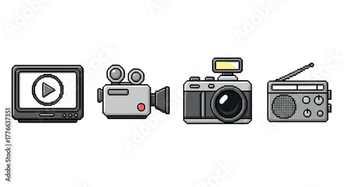 Retro pixel art icons of vintage media devices