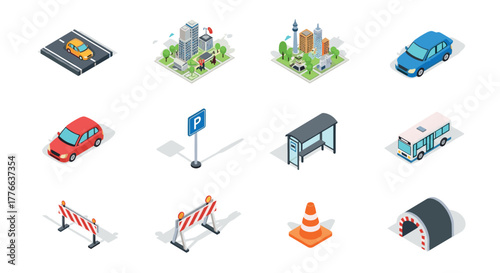Isometric urban transport elements and cityscape icons for modern infographics