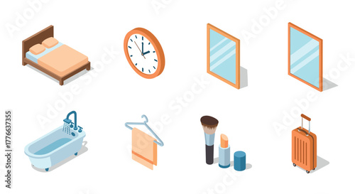 Isometric interior essentials bed, clock, mirrors, bathtub, luggage, makeup